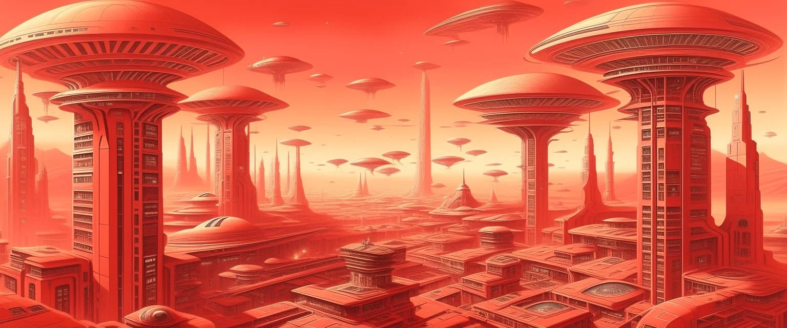 A light red futuristic city with UFOs designed in ancient Egyptian architectures and sculptures painted by Caspar David Friedrich