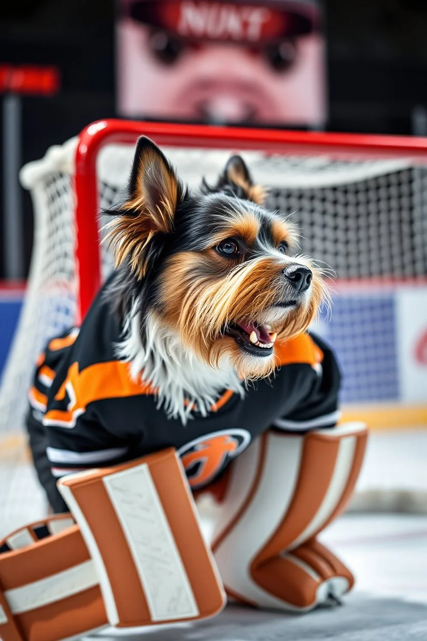 sideview of a yorkton terriers hockey goalie in front of goal, with the head of an angry tarrier dog