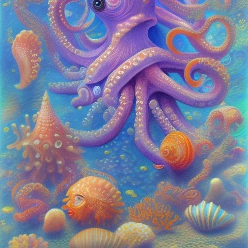 beautiful mystical underwater octopus, seashell, fish, high quality, acrylic paints, pastel colors, by Renoir