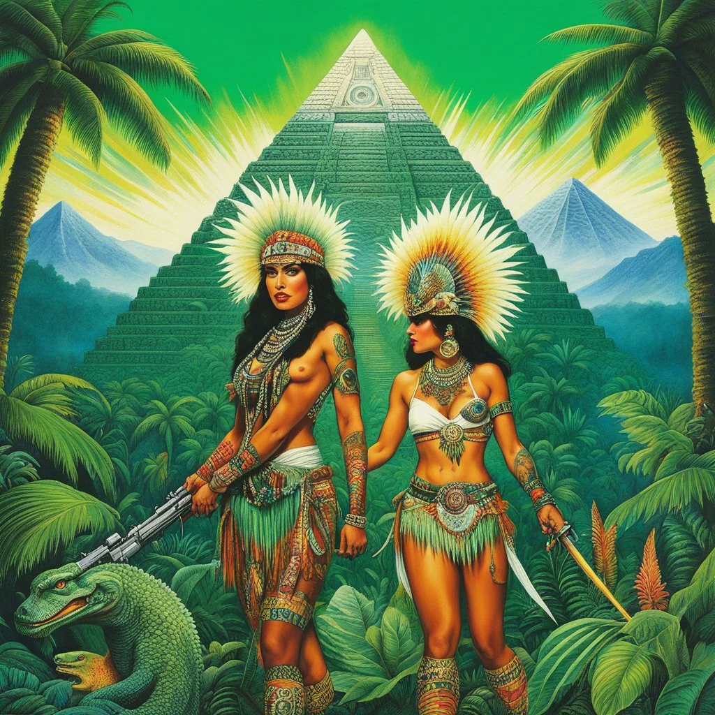 [art Russ Meyer] two unusual feral militant indigenous girls covered in tattoos wearing military uniforms covered in tribal patterns and jewellery with patterned sniper rifles encountering a reptilian humanoid god with green scales and wings wearing colourful tribal clothes and elaborate white feather decorations and spectacular radiant aura halo on the top a white mayan pyramid with lush green rainforest mountains in the background in the style of high resolution photographic realism