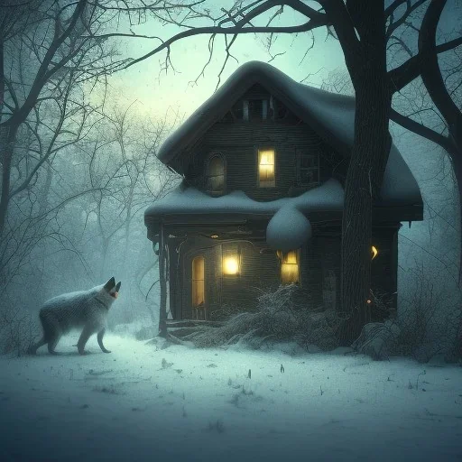 dark shadow behind sad, abandoned, miserable dog tied to a tree, family home in background, winter, loneliness, 8k resolution, high-quality, fine-detail, iridescent, intricate, digital art, detailed matte, volumetric lighting, illustration, 3D octane render, brian froud, howard lyon, selina french, anna dittmann, annie stokes, lisa parker, greg rutowski