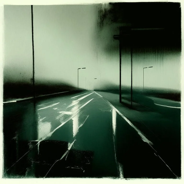 Minimal abstract oil paintings of a desolate concrete 1960s carpark. Road with distant Blurry lights. On the floor are concrete fragments and road markings . In the dark mysterious style of Justin Mortimer and Francis Bacon.