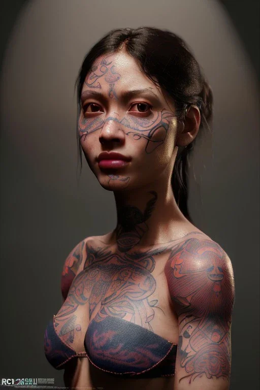 Ultra Realistic image, 30 years old Latin woman, portrait, small complexion, natural small busty, traditional Japanese tattoo, jakuza style, vibrant color, highly detailed, art stations, concept art, smooth, unreal engine 5, god rays, ray tracing, RTX, lumen lighting, ultra detail, volumetric lighting.