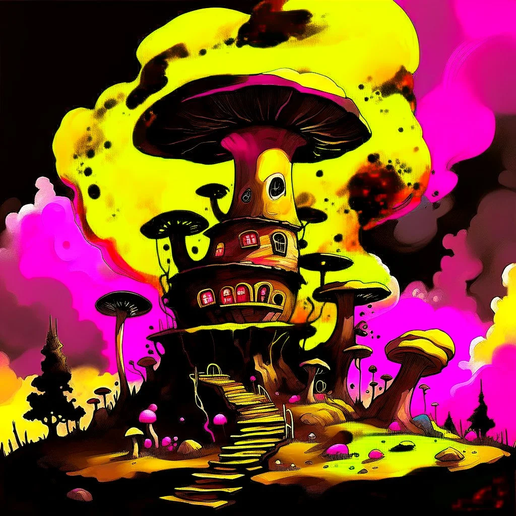 A fantabulous black, yellow, and pink (((mushroom tower house))) erected atop a (geologic pillar), surrounded by the uncanny imaginative ((( swirling skies))), offset by the stark hues of a (neon-tinged nebulous space scape), within. captured by the hand a skilled master painter with a focus on (softly blurred compositions and voluminous lighting).