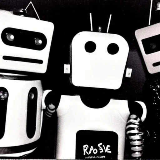Old photo of 1980s rave robots and sooty and pie