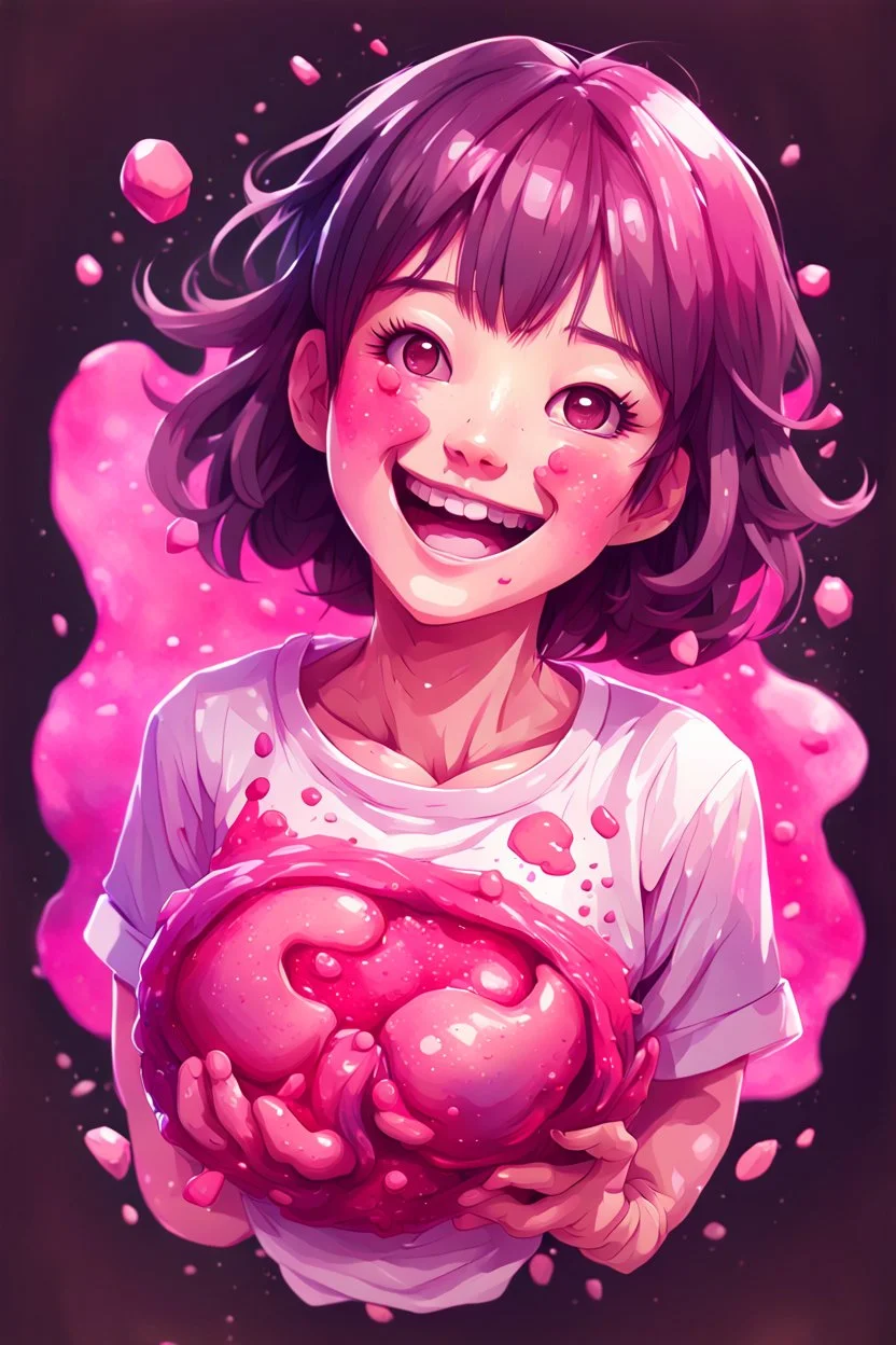 A detailed illustration Anime girl smiling crushed inside really darkpink fleshy stomach filled with digestive juices, t-shirt design, cute and quirky, fantasy art, watercolor effect, bokeh, Adobe Illustrator, hand-drawn, digital painting, low-poly, soft lighting, bird's-eye view, isometric style, retro aesthetic, focused on the character, 4K resolution, photorealistic rendering, using Cinema 4D, vector logo, vector art,