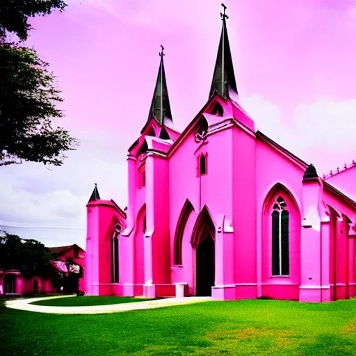 concept art, concept design, decor, cathedral church building with pink walls, church exterior, pink exterior, aesthetic, countryside landscabe bqckground