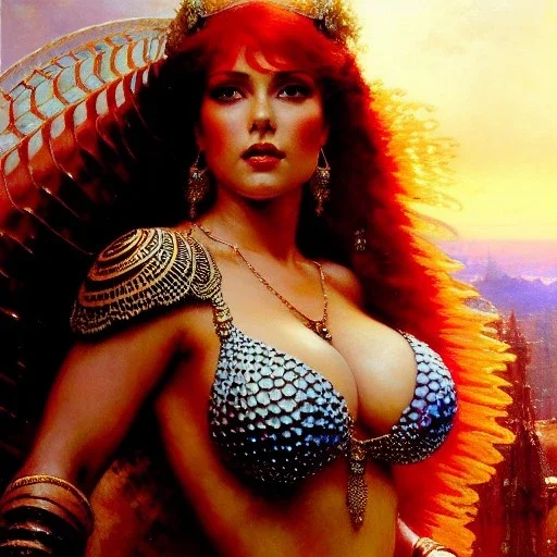 Drawing of beautiful face busty red Sonja,Sweet stare, balanciaga fashion clothe painting by gaston bussiere, greg rutkowski, yoji shinkawa, yoshitaka amano, tsutomu nihei, donato giancola, tim hildebrandt, oil on canvas, cinematic composition, extreme detail,fit full head inside picture,16k