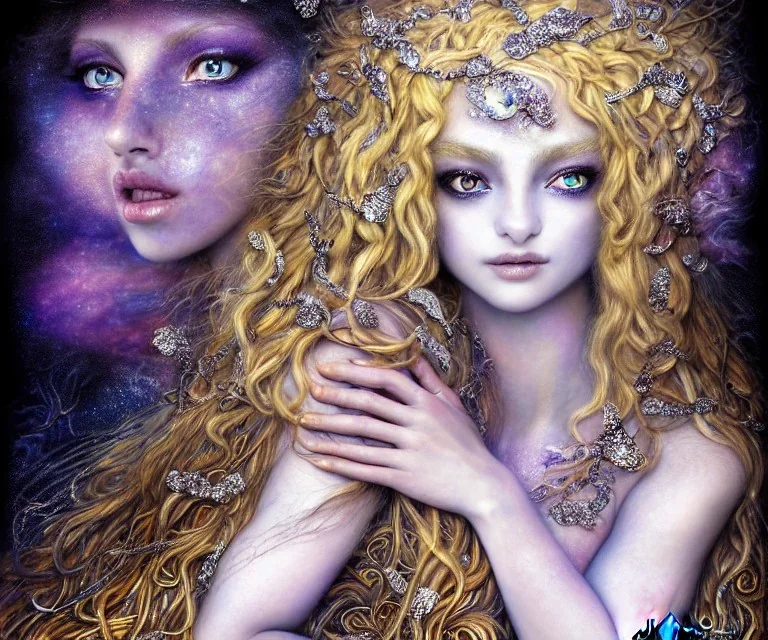 Portrait of a sensual Goddess: Black eyes like diamonds sparkling. Long Blonde hair. Incredibly detailed 8K resolution HDR photograph of a hyper detailed photorealistic storybook laying open with weathered riffled pages meticulously illustrated by Brian Froud and Josephine Wall, album cover art, imagination, upscaled, sharp focus, space"