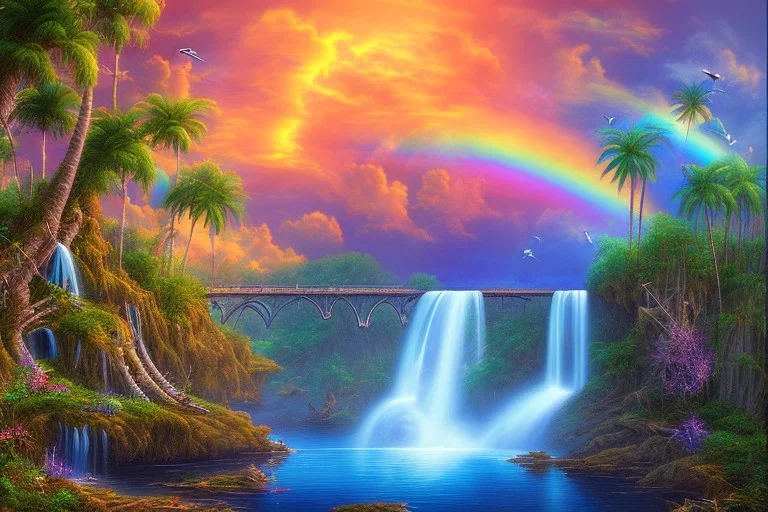 island waterfall palms twigs spring sunset rainbow bridge birds