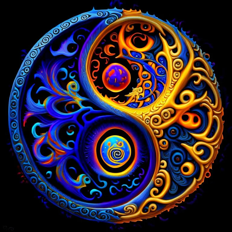 yin-Yang symbol, hyper detailed, photorealistic, hyper detailed, hyper defined, orange, azul, purple, yellow, DMT art