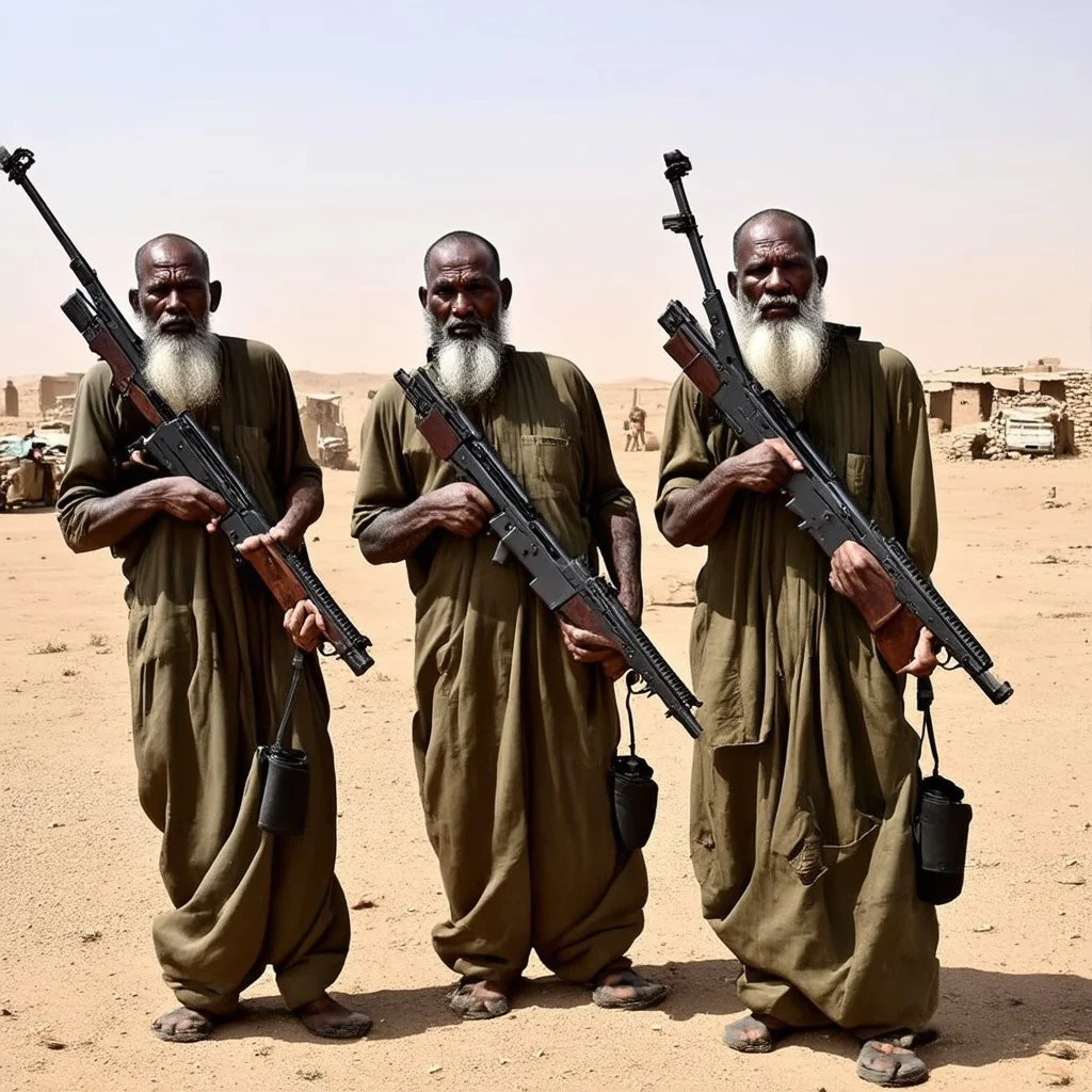 make a picture of 3 poor looking black men in a desert. they are in afghanistan. behind them is a raided village they are holding rifles. they look very very dangerous and have long white beards