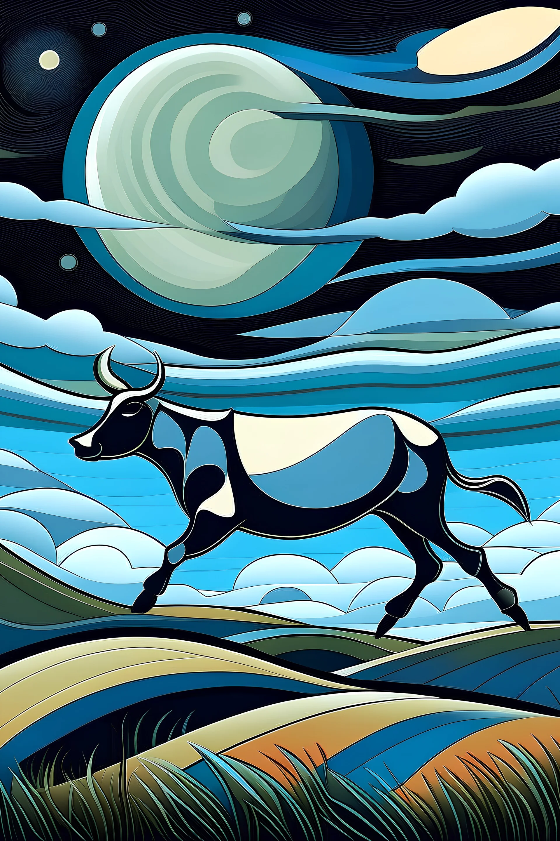 una vaca saltando en la llanura pampeana argentina bajo una luna brillante al estilo de Juan Gris