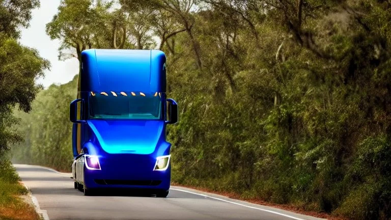 A Tesla semi-truck is racing at top speed, across a jungle of the Jurassic Period. CINEMATIC. WIDE ANGLE LENS. PHOTO REAL.