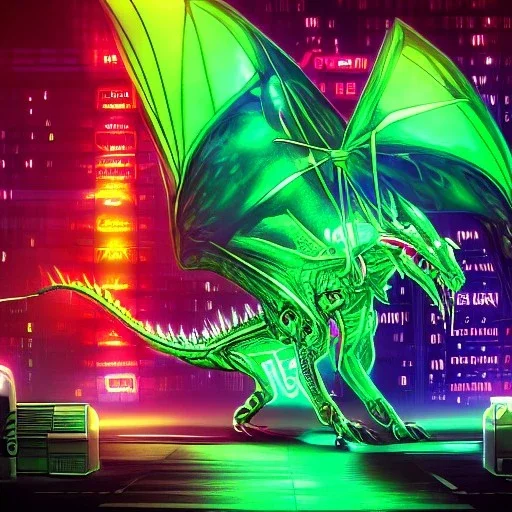 cyberpunk alien dragon, cyberpunk, full body, realistic, intricately detailed, neon lighting, vivid colors, neon, futuristic, meticulously detailed