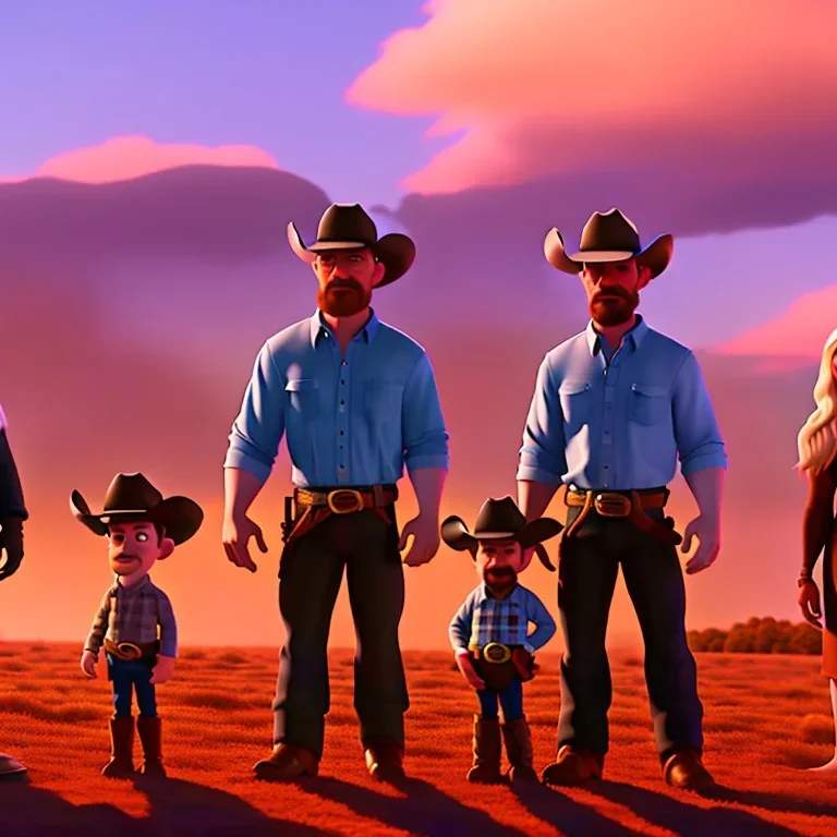 Walter White and his family with a cowboy, 8k, realistic body, with a fedora, sunset background,