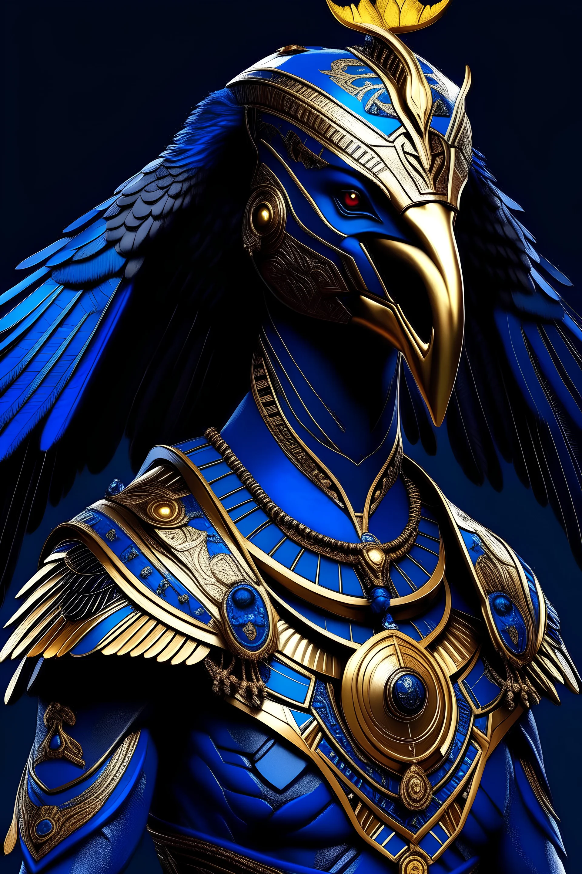 Create for me an image showing a statue of a fictional character that combines the features of an eagle and a human. This character resembles Anubis, the god of the dead in ancient Egyptian mythology. The statue is made of high-quality materials and craftsmanship, and shows fine details and luxurious golden decorations. The head bears the features of an eagle, with dark blue feathers. And red eyes. The feathers give the character a majestic and powerful appearance, while the eyes reflect