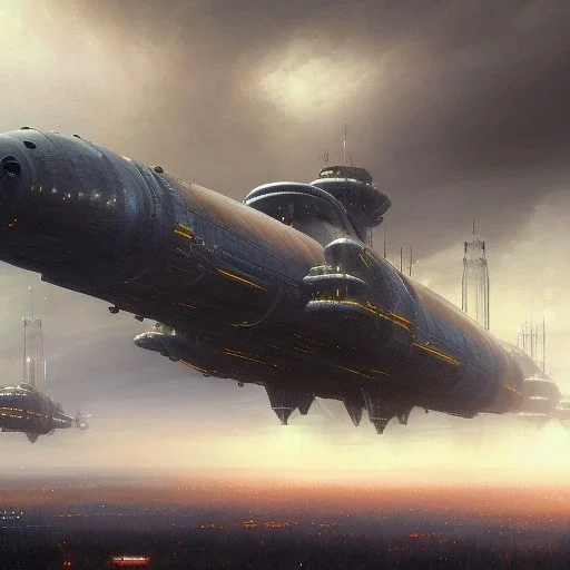 Steampunk scene of futuristic Victoria, fantasy airships flying over Glasgow in a cloudy sky,Giant sci-fi super-panzer in the style of John Berkey