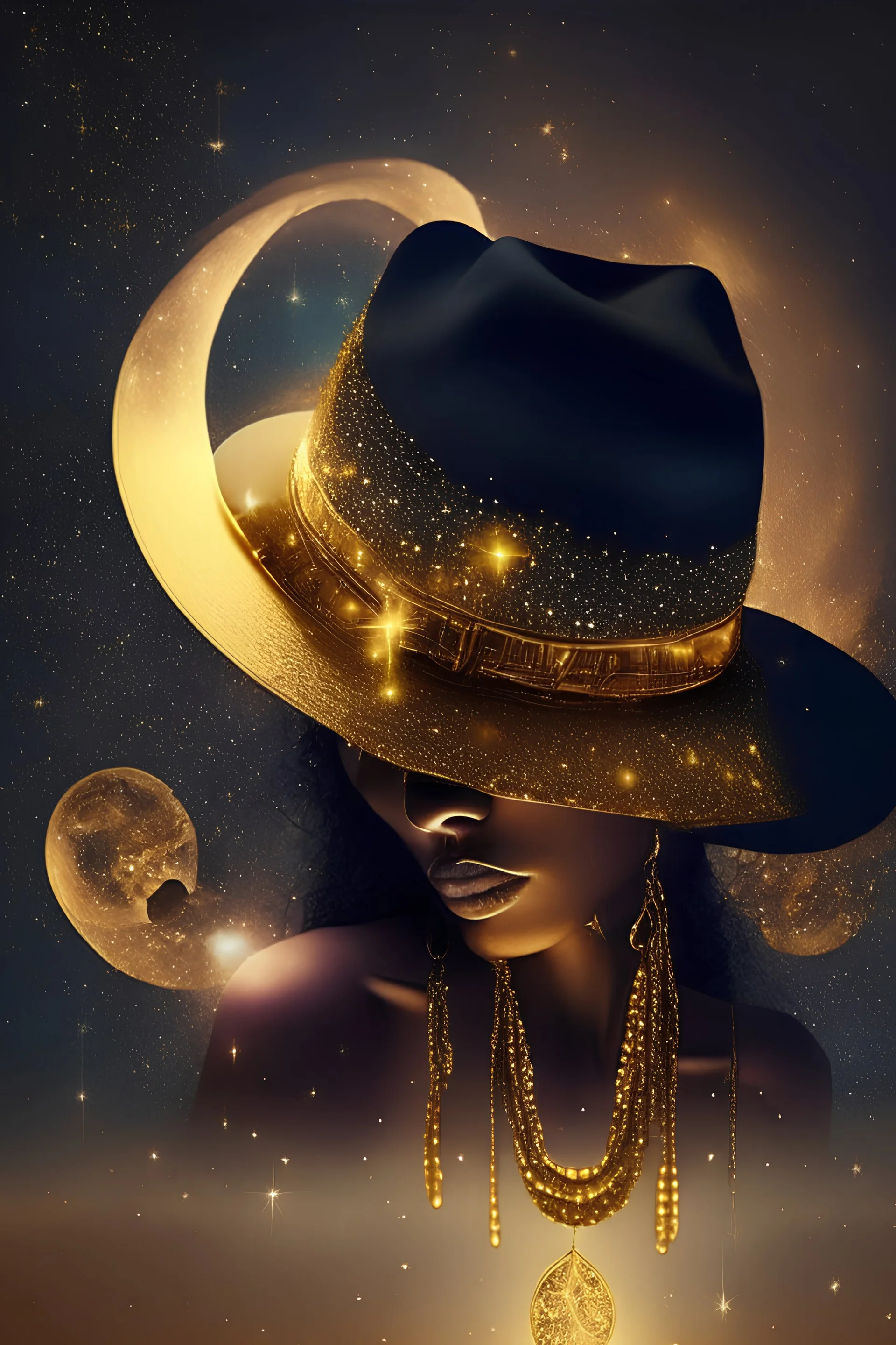 universe meets summer night, soulful, gold jewellery, hat, music,