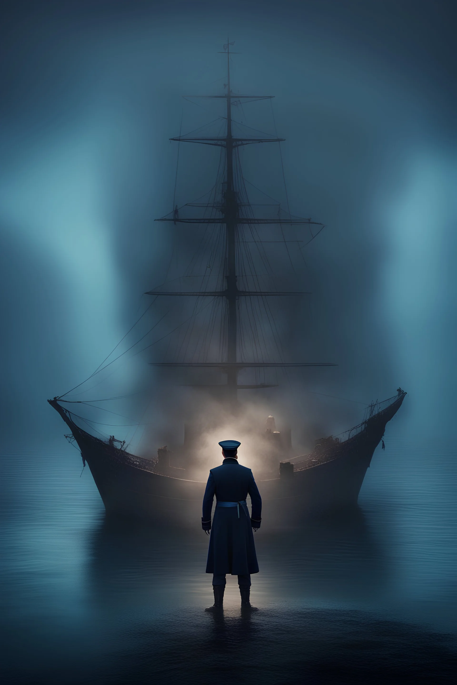 A ghostly ship captain standing in the middle of a lake surrounded by a ghostly blue mist.
