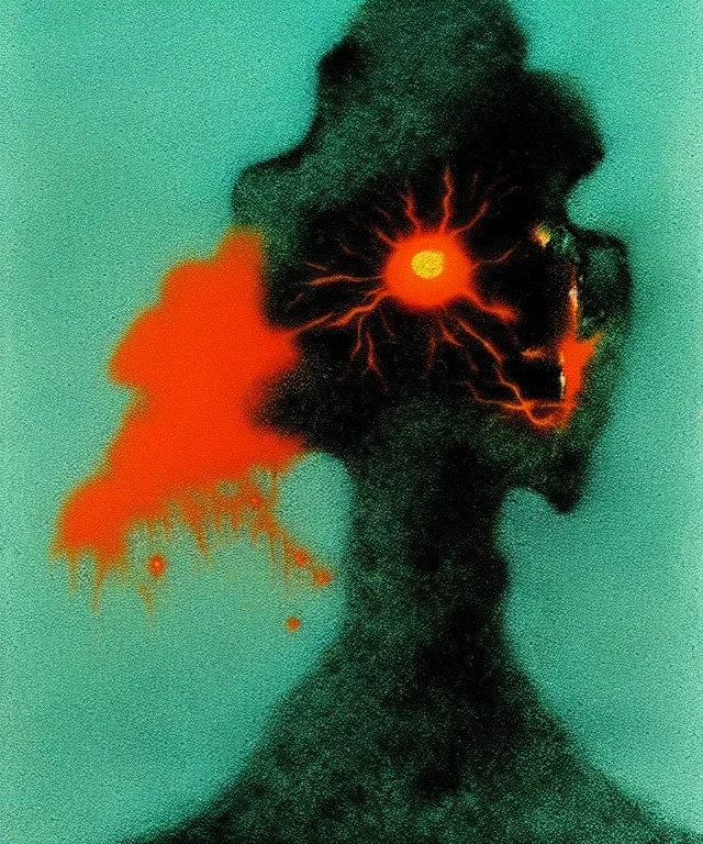 broken skull. black background. smoke and explode. particles in air. teal and orange. abstract. beksinski.