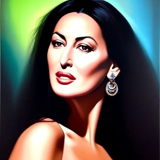 Ultra detailed fullbody Portrait in oil on canvas of Monica Bellucci ,extremely detailed digital painting, extremely detailed face, crystal clear eyes, mystical colors ,perfectly centered image, perfect composition, rim light, beautiful lighting,masterpiece ,16k, stunning scene, raytracing, anatomically correct, in the style of Simon Bisley and uncannyknack and caravaggio and Seung Eun Kim and Steve Jung Jeehyung Lee.