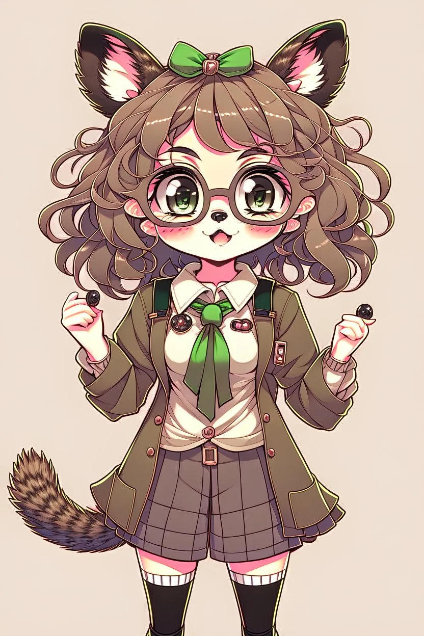 anime racoon girl with glasses curly hair fullbody