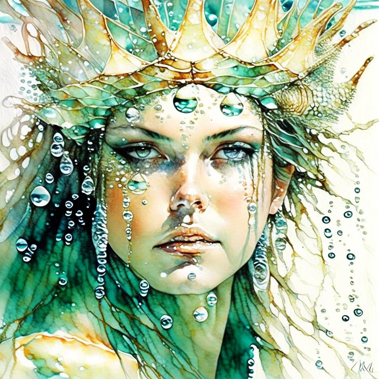 Water goddess, perfect face, watercolor, wet on wet, splash effect, splash, wearing a head crown made of lion fish, starfish, shells, and pearls, green eyes, Steve Hanks Modifiers: high definition ultra detallado alta definición colores imperiales muy atractivo ultra realista alto detalle elegante hermoso arte acrílico muy lindo premiado Miguel Án