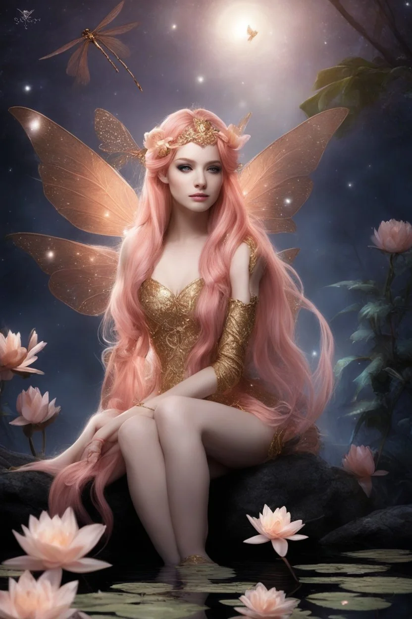 Peach hair , light peach hair, dark,night dark gold,gold,golden,rapunzel hair,dragonflies,water lilies, night,light,,butterflies,elven ears,dark fairy ,night sky,stars,princess,nymph,sparkle,glitter,orchids