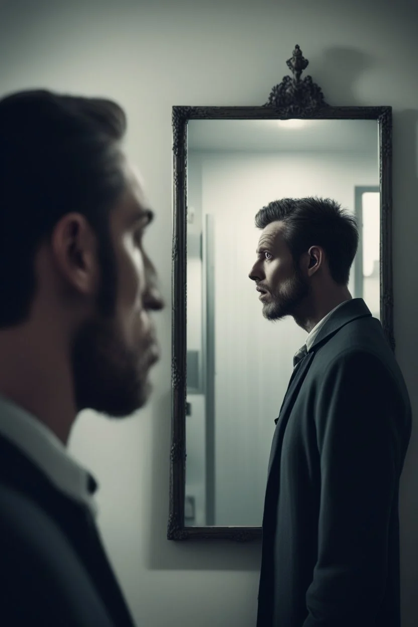 a man looking into a mirror and seeing a horrifying, monstrous reflection
