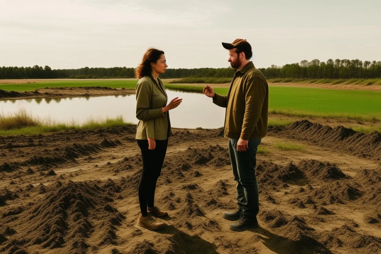 A picture of two people exchanging criticism in a constructive and respectful manner, standing on a land surrounded by dirt, and behind them a lake