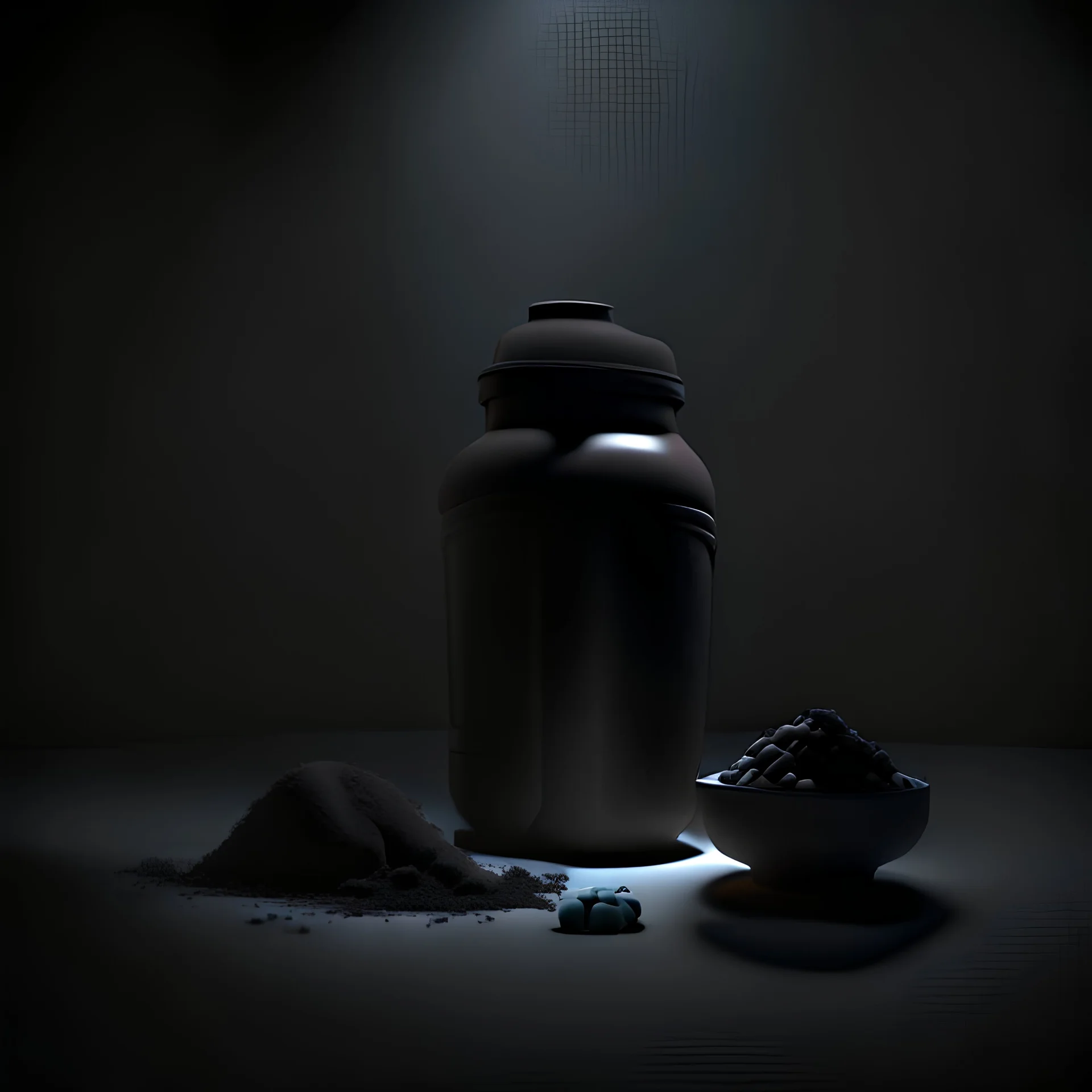 Realistic photograph of a dark studio with a protein shaker. High resolution.