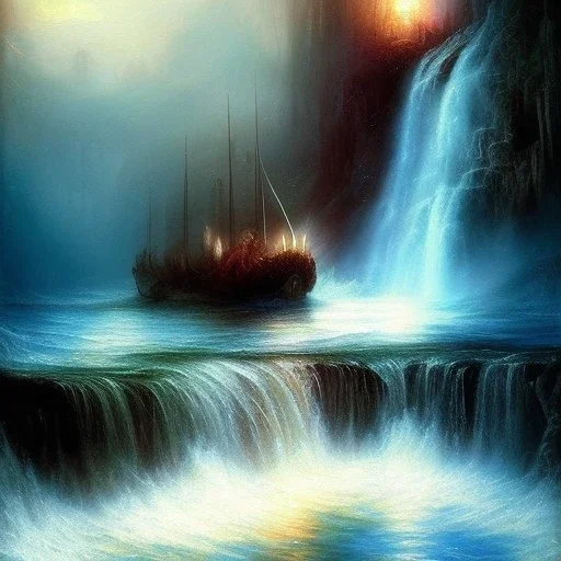 romantic fantasy spray painting, william Turner, watercolor, close up on dark robed poet in waterfall, movie poster