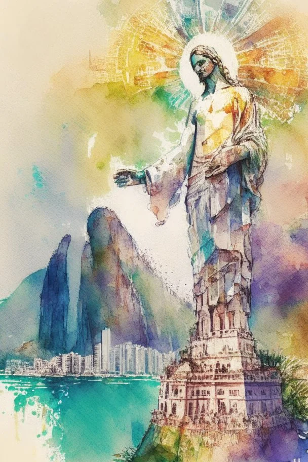 Rio de Janeiro with the Christ Statue watercolor and ink, intricate details, fantasy, beautiful, award winning, colorful, fantastic view, crisp quality, in sunshine