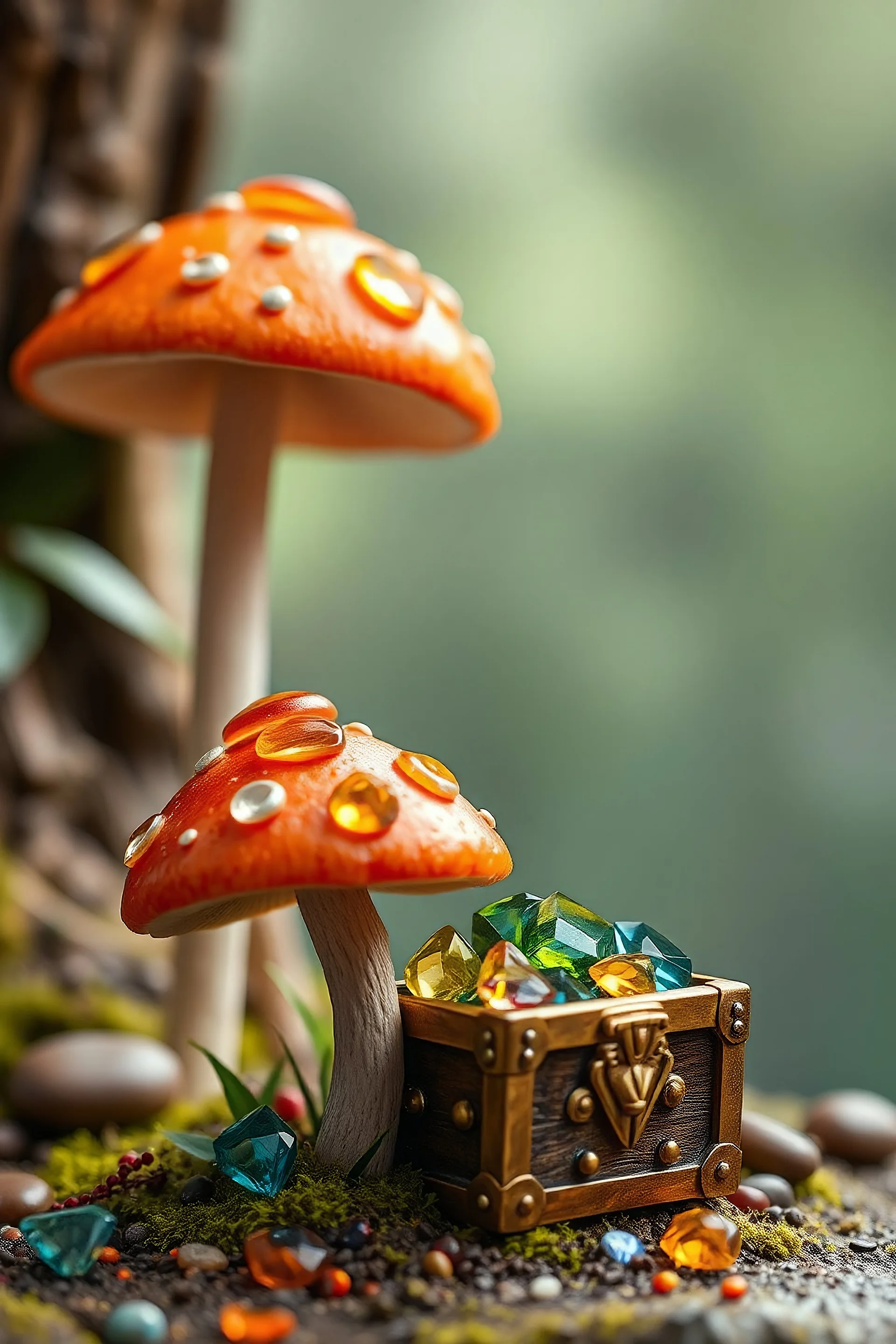 orange mushrooms with a treasure chest full of jewels