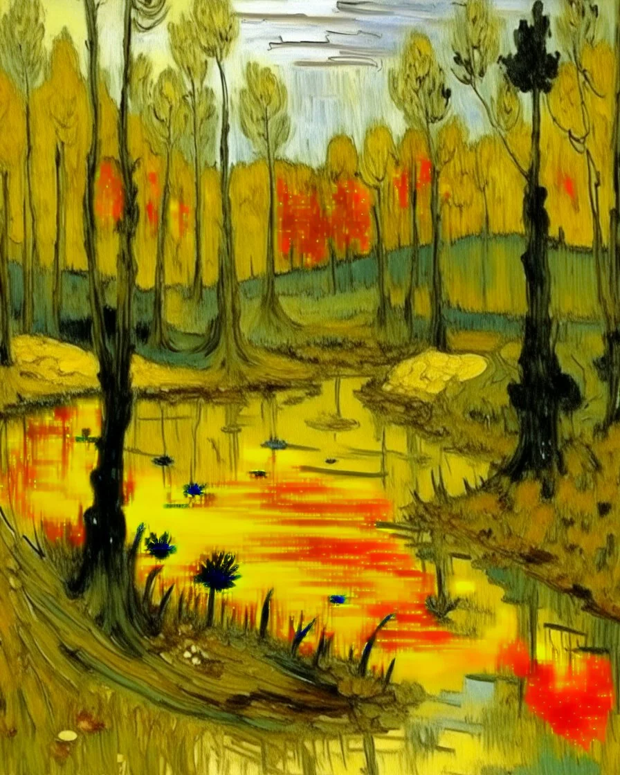 A yellow swamp with bugs in daylight painted by Vincent van Gogh