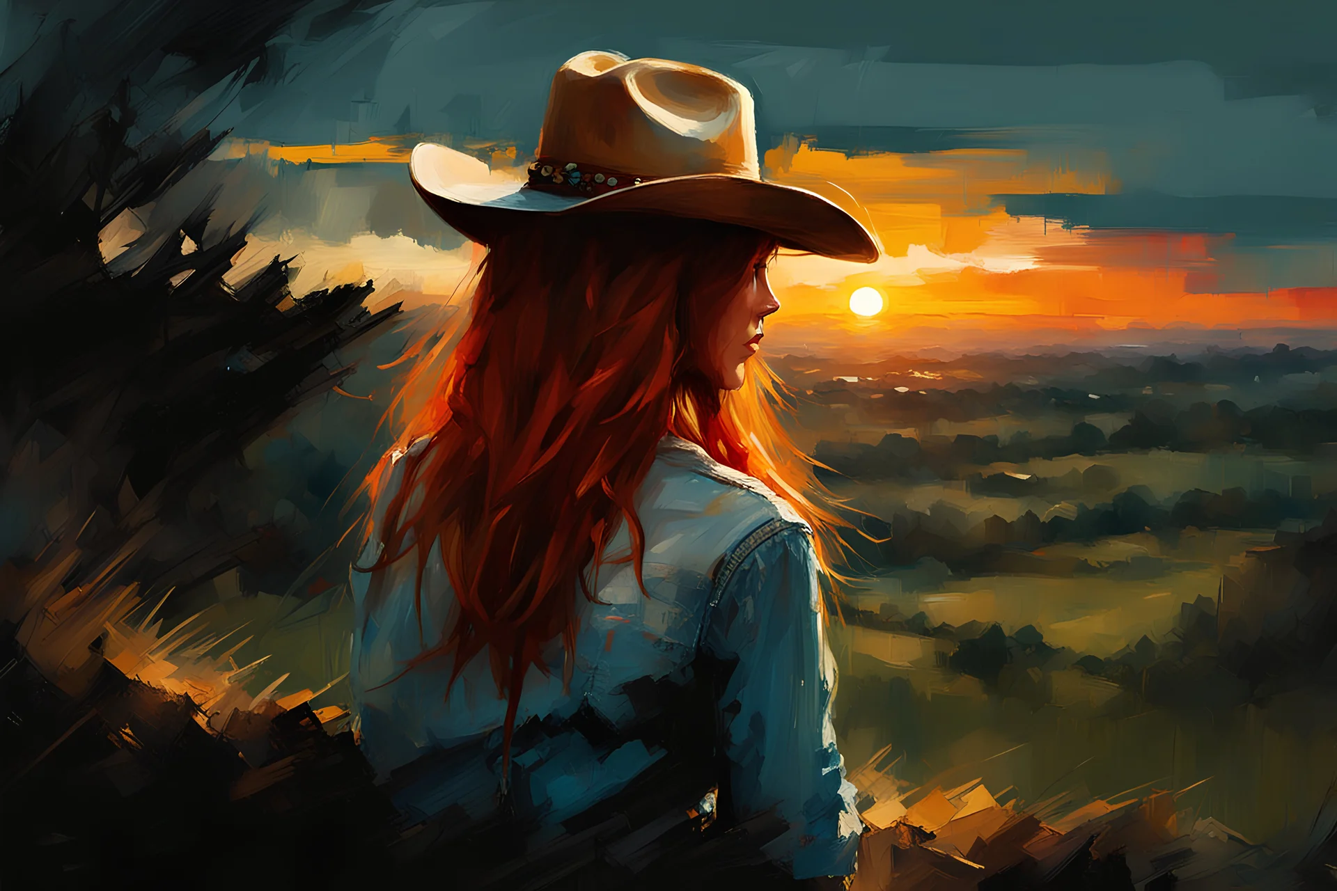 Redhead girl wearing, jeans and a cowboy hat, watching the sunset from a hill top :: digital matt painting with rough paint strokes by Jeremy Mann + Carne Griffiths + Leonid Afremov, black canvas