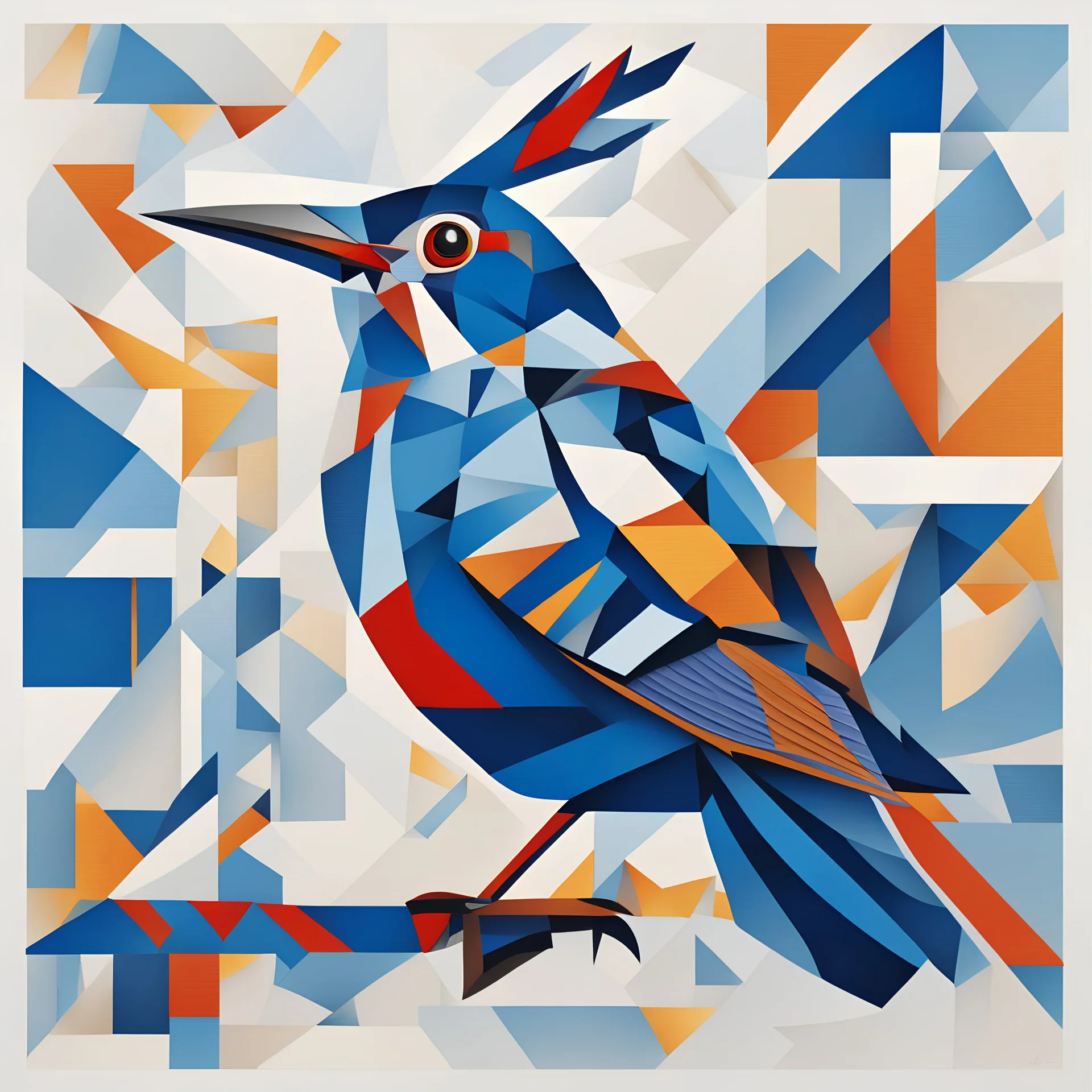 The image features a cuckoo bird with a tilted head and an open beak, against a white background, which is depicted in an abstract and geometric style with a minimum of elements, with elements of Neo-Cubism and Fauvism, using mainly the primary colour blue (#48B4C0) but can use other vivid colours too and bold lines. The bird is depicted using a minimum of different shapes and patterns, for example its wing is green with black dots. Transparent background