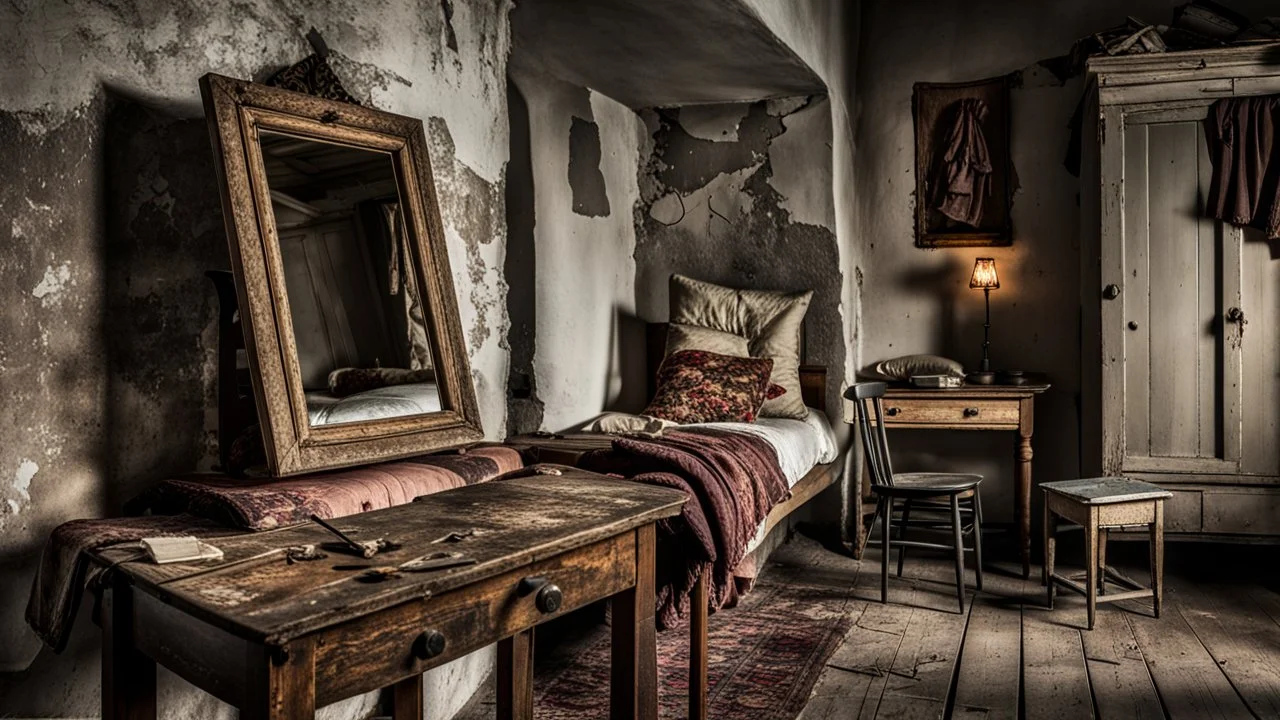 A stunning, high-resolution photo capturing the essence of a small, poverty-stricken European village room. In the foreground close up an old, broken, cracked mirror rests on a vintage wooden table, reflecting the dimly lit space. A narrow, vintage bed with large pillows at the end stands in the background, accompanied by an old wardrobe. A small table by the wall holds a kerosene lamp, casting a warm glow on the simple, worn furniture. on the wall hangs a painted image hang of the Virgin Mary