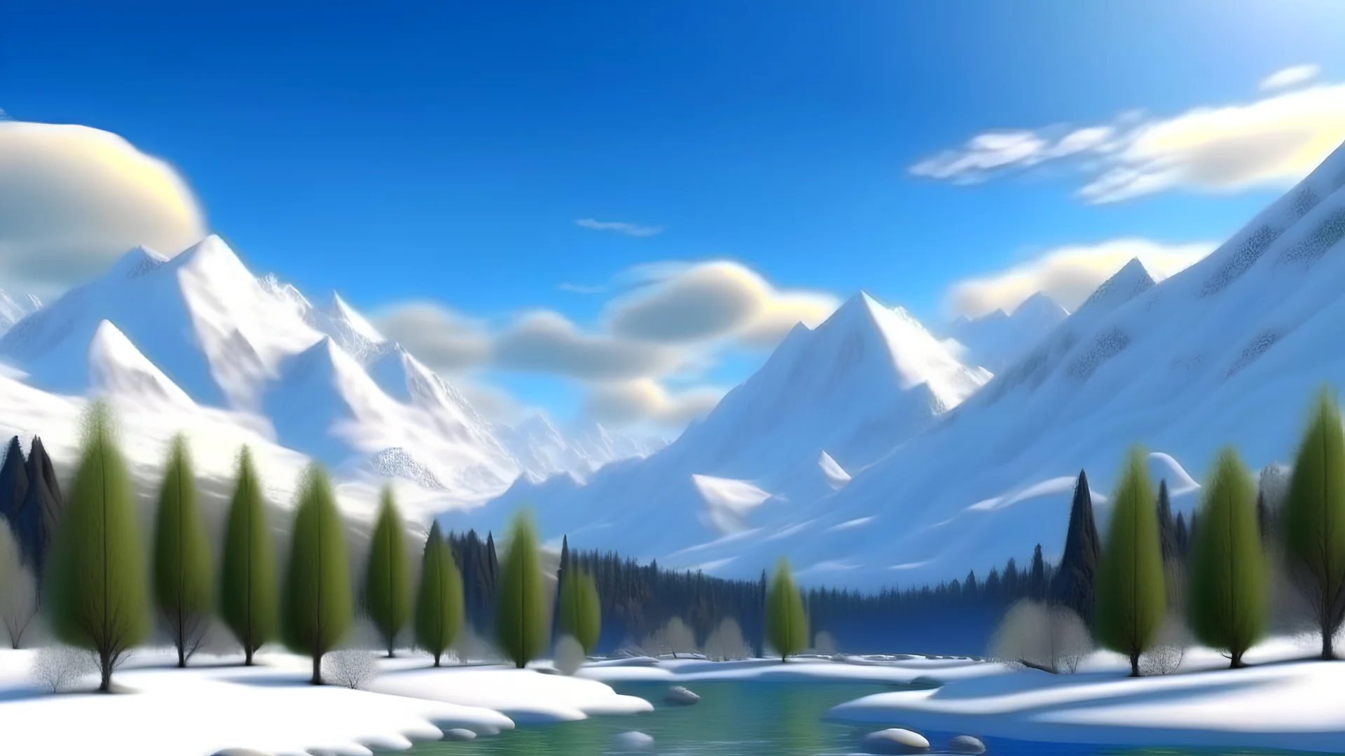 Mountainscape with snow, trees, river, clouds, blue sky, hi def 4k in the style of Rousseau