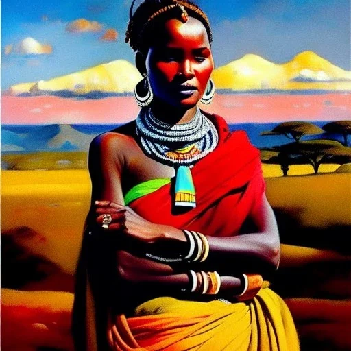 Drawing of 'woman from Maasai tribe',sweet stare,painting by Earl Norem, simon Bisley,frazetta,西嘛哒, evan lee, Vallejo,kelly,Paul Gauguin oil on canvas, cinematic composition, extreme detail,fit full head inside picture,8k