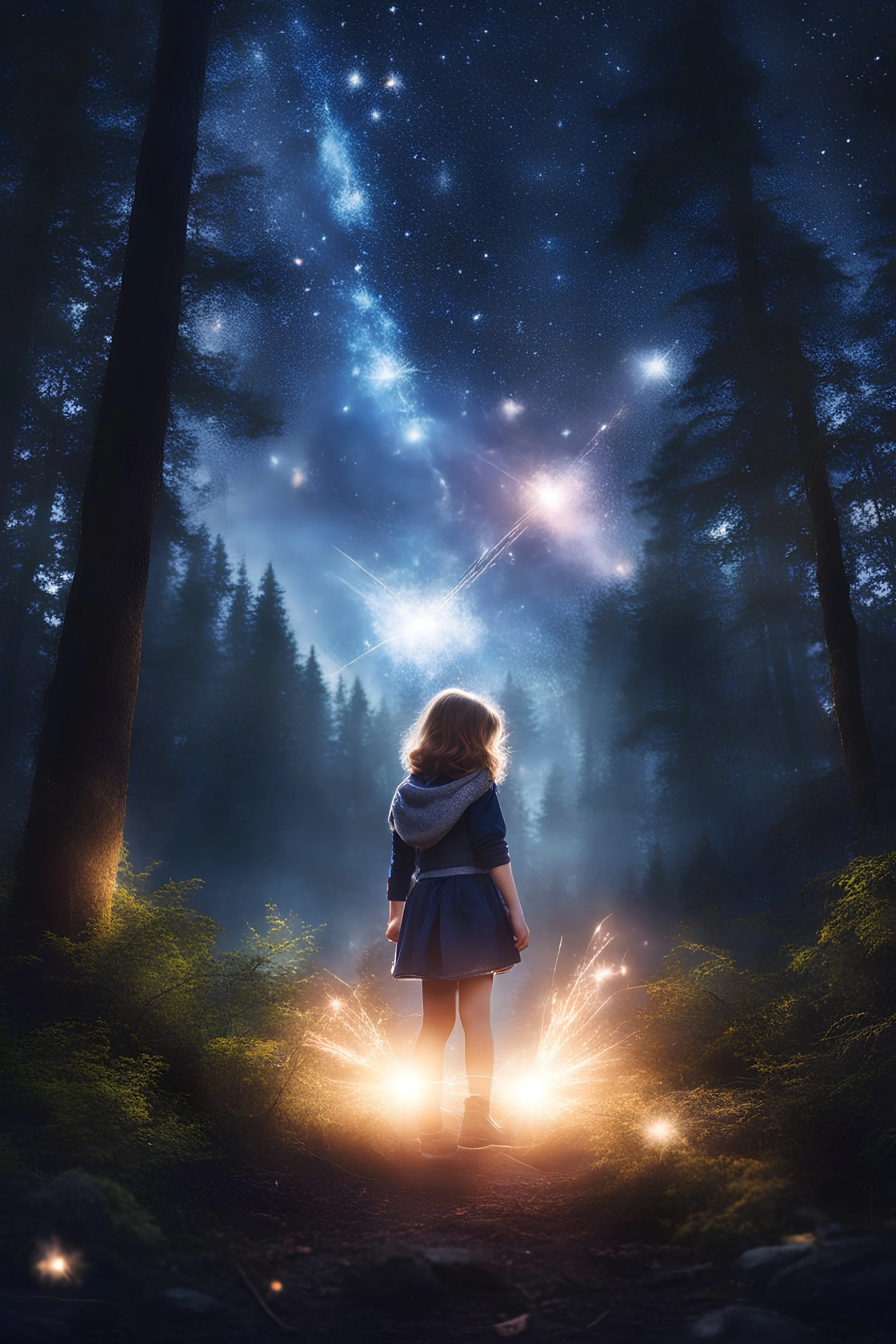 babygirl in the forest, sparks around her, galaxy on background,