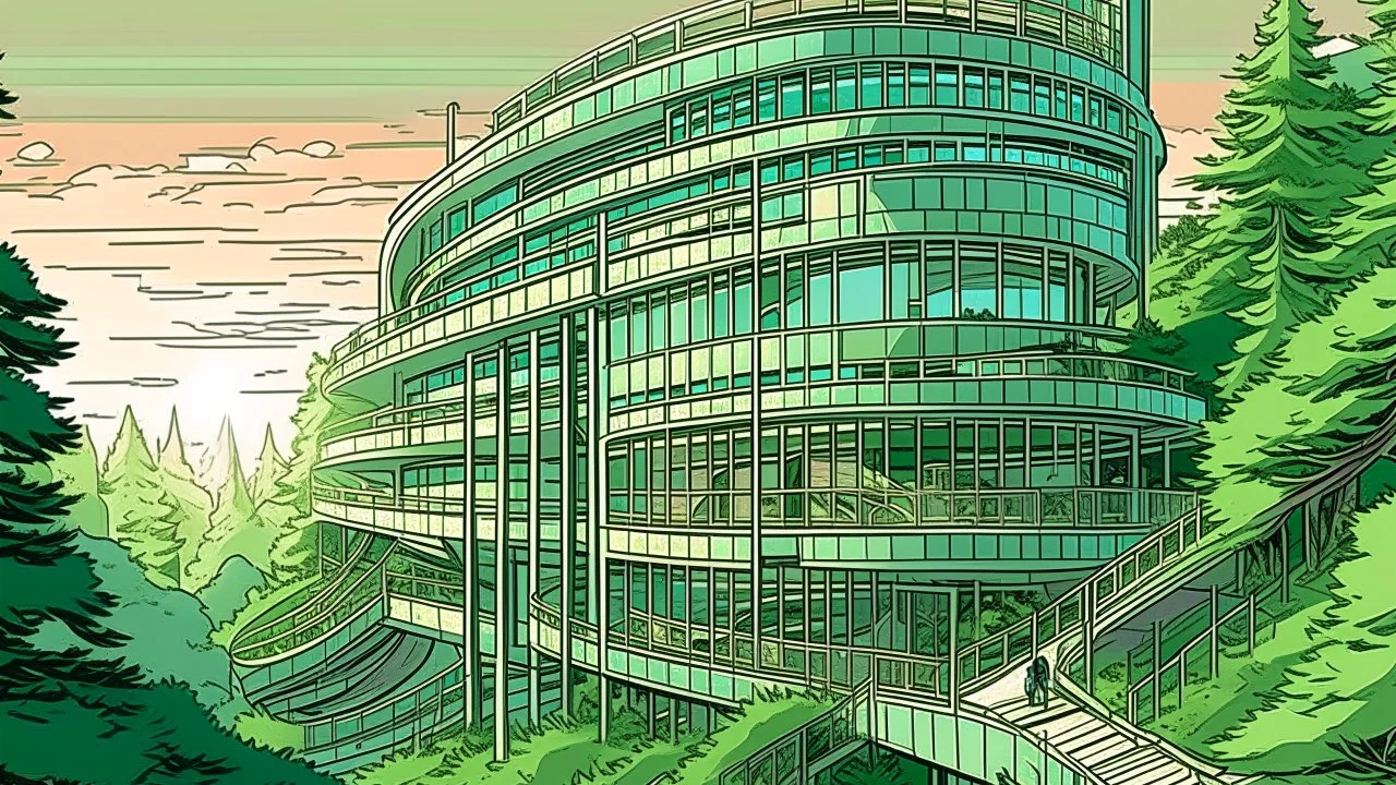 Comic style, multi-level green and gray building with unique architectural features like curved walkways and balconies overlooking a serene forest at sunset, graphic illustration, comic art graphic novel art, highly detailed