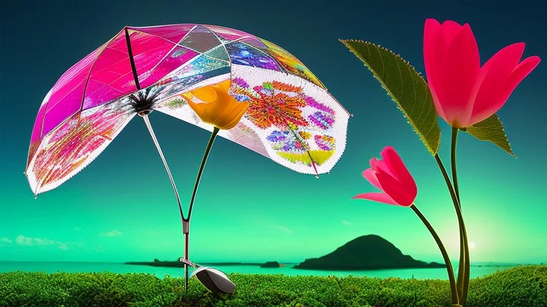 Surreal Waiizii Flower under a glass sculpture unbrella, Art by Joshy Sly,