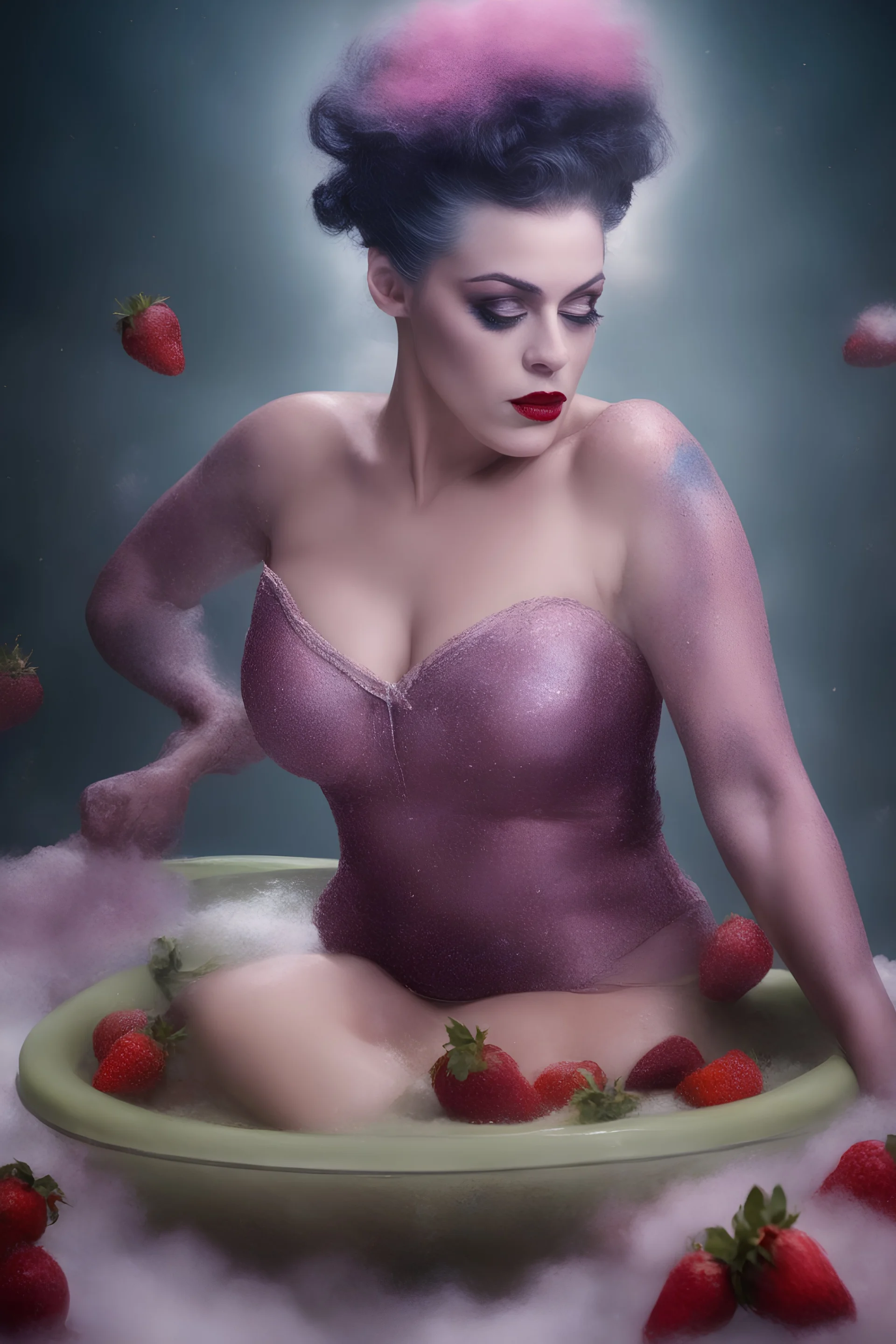 full body portrait - the bride of Frankenstein, wearing a pink, bikini in a hot tub - 32k, UHD, 1080p, 8 x 10, glossy professional quality digital photograph - dark blue and dark red, and light maroon and purple and foggy black gradated background with a paint splattered wall, strawberries, stars, planets, galaxies, an assortment of bright, colorful floral arrangements, black roses, blue roses, red roses, yellow roses, pink roses, dandelions, honeysuckle roses, tulips, carnations,