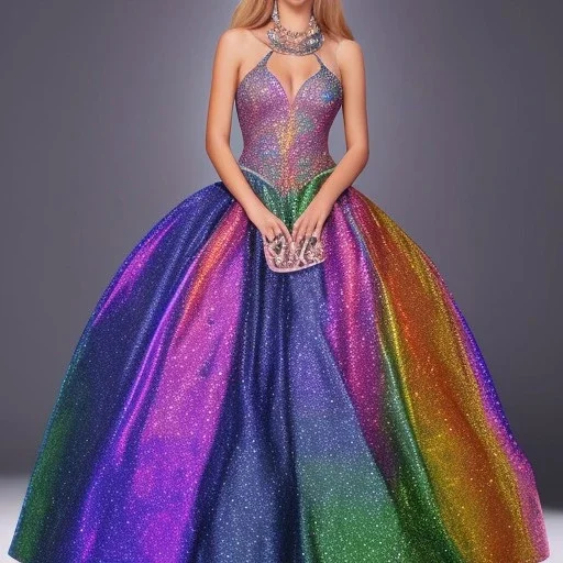 Glittery rainbow ball gown, full view