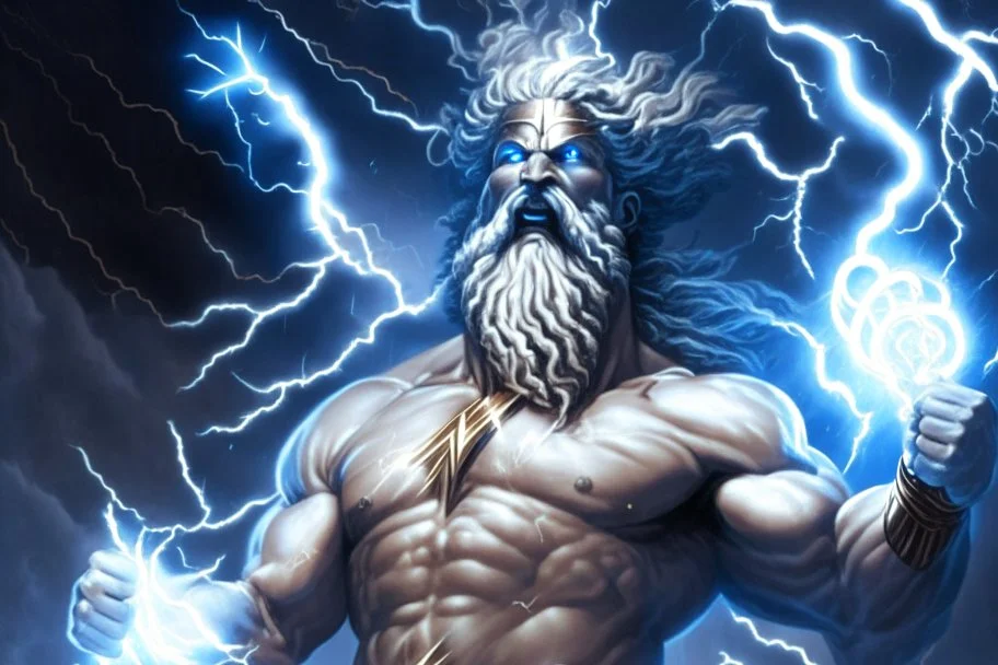 Detailed and realistic illustration of Greek god Zeus holding holding lightning.