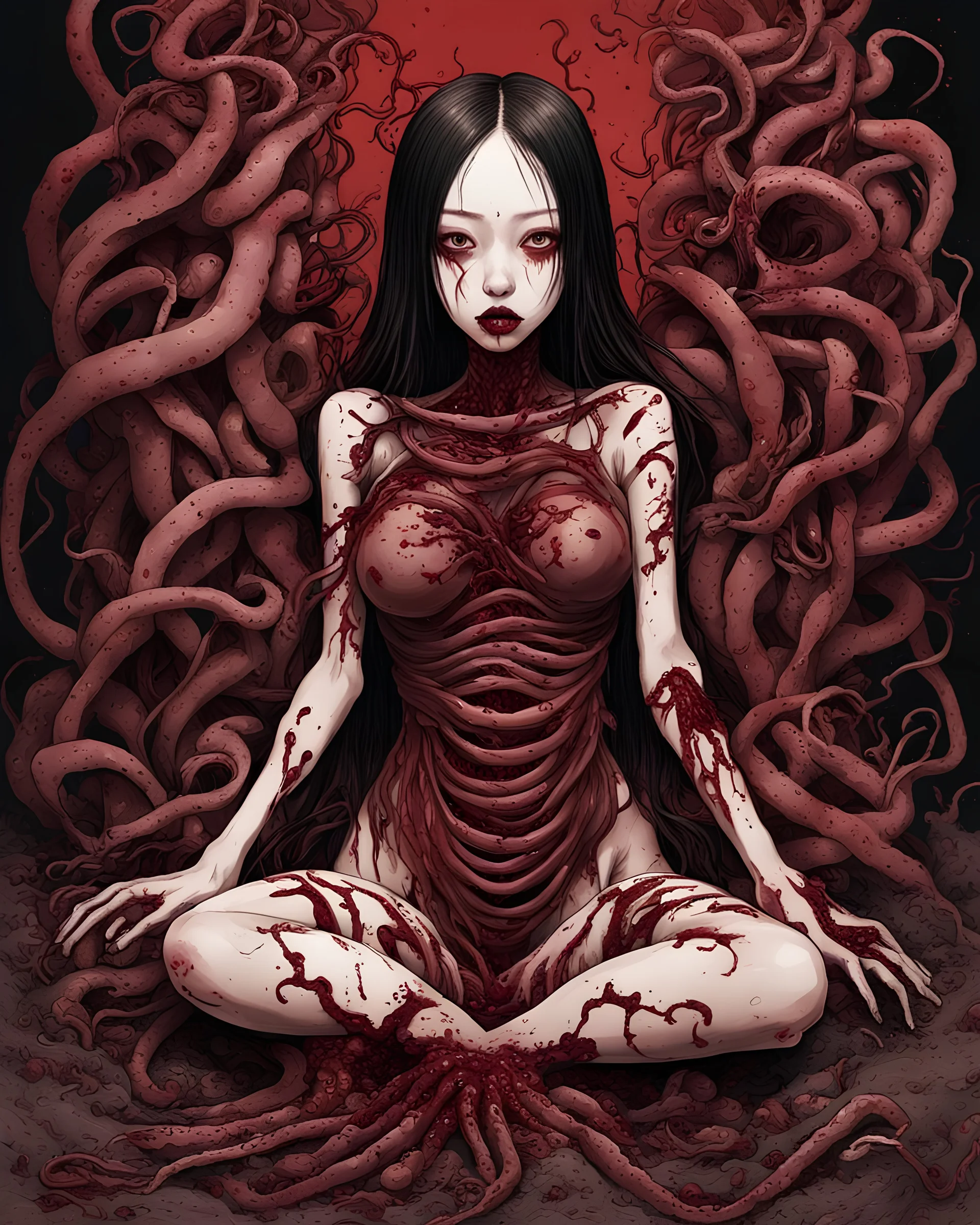 Petit weird woman with many worms from his body, sit pose, fullbody, splashes blood, behind guts rising from the ground, intricate, darkred tones, macro photography, Junji Ito style,