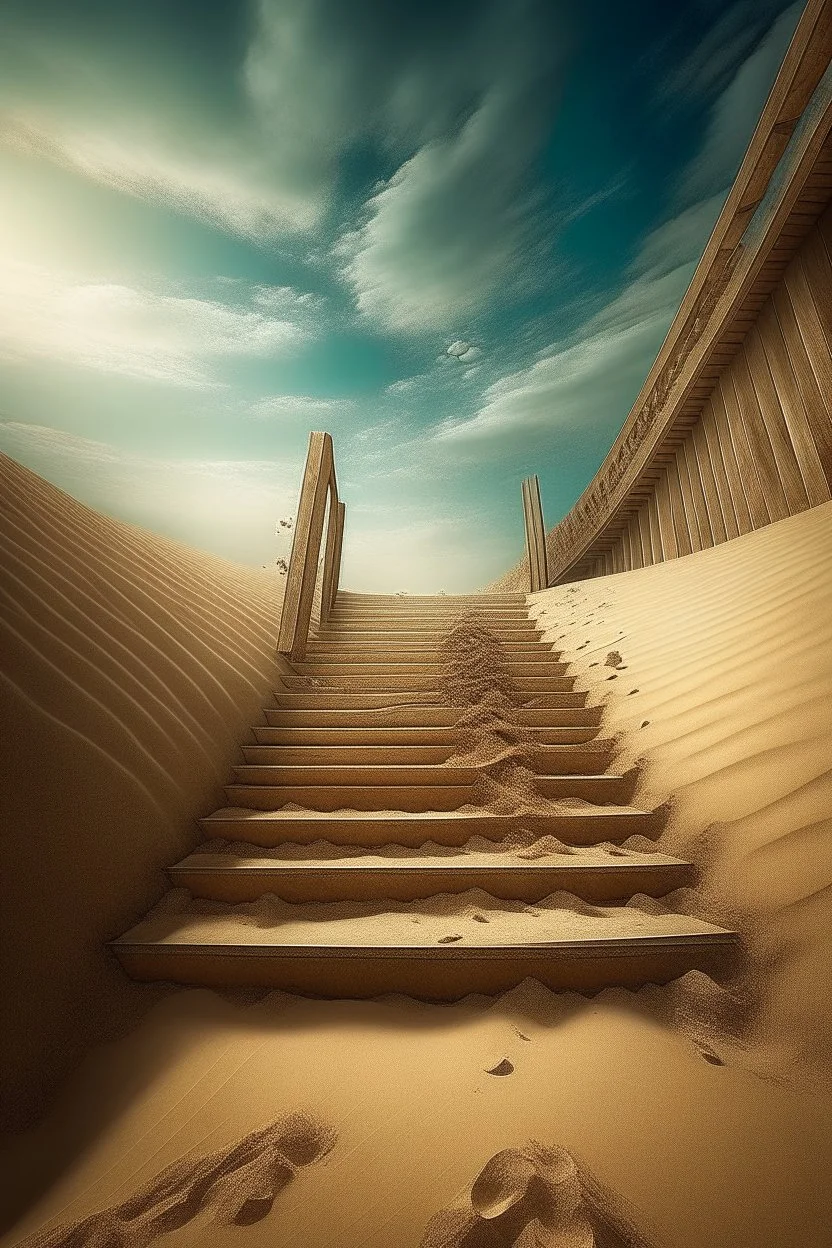 sand is crumbling from behind, walking down a long open staircase that goes into the sky, sand is flying, surrealism, stardust, fantastic, fantasy, hyper realism, realistic, 4000 k, iso 4064, hdr, 5 d, hyper detail, photorealistic painting, aesthetically pleasing, beautiful, professional photo, bright lighting, soft lighting, neon lighting, careful drawing down to small details, bright sparks, golden sand glows, ultrahd