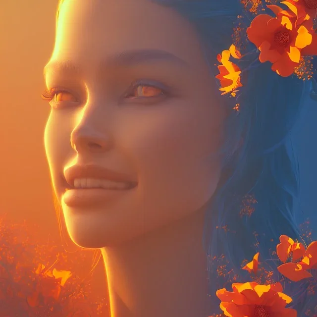 silhouette souriante, monde en fleurs, concept art, crépuscule , bleu oranger, vibrant Color, réaliste